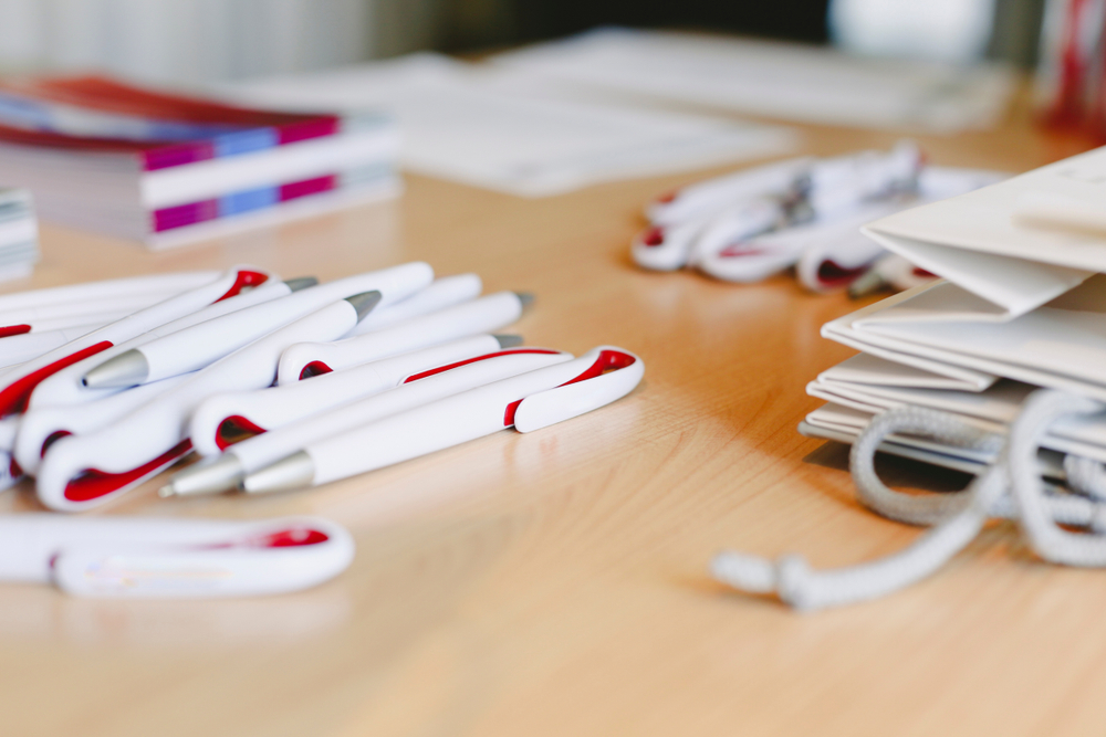 Ballpoint,pens,as,merchandising,to,promote,a,company,,empty,space.